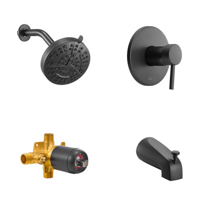Ensemble de robinet de baignoire et de douche, complet avec pomme de douche à pluie de 5 pouces et bec de baignoire, douchette réglable à 8 réglages, ensemble de garniture de baignoire à poignée simple avec valve d'équilibrage de pression en laiton, noir mat