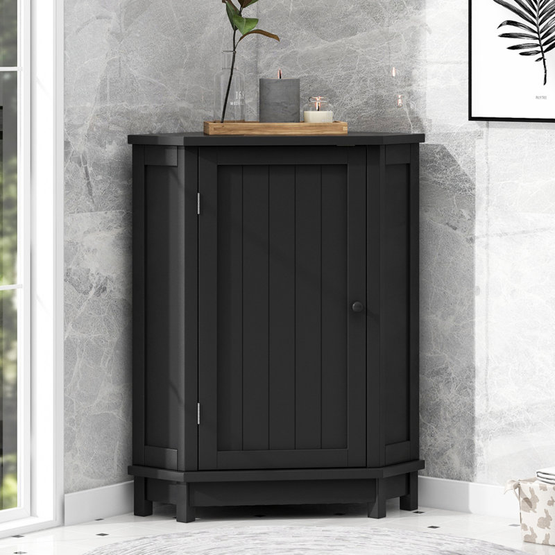 Bathroom Cabinet Triangle Corner Storage Cabinet With Adjustable Shelf Modern Style MDF Board, Black