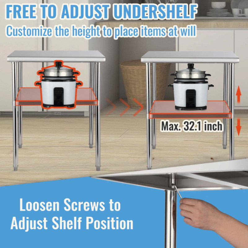 Table de préparation en acier inoxydable, 30 x 30 x 36 pouces, capacité de charge de 800 lb, table de travail en métal robuste avec tablette et pieds réglables, poste de travail commercial pour la cuisine, le garage et la cour arrière