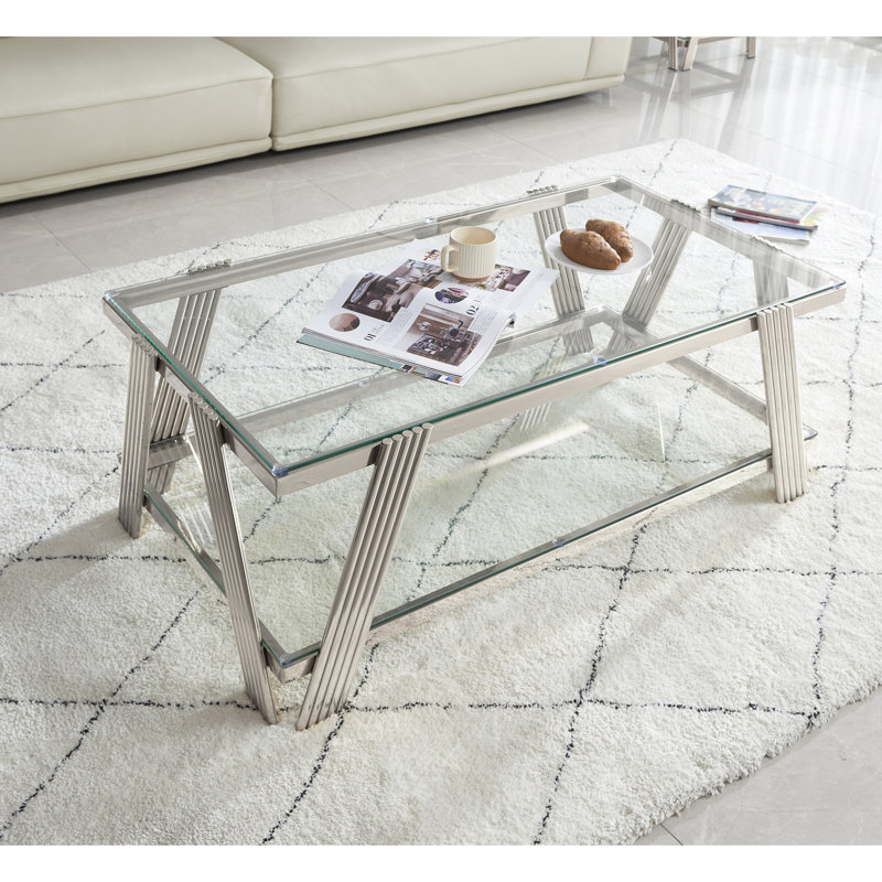 Table basse de 47 po de largeur, acier inoxydable et verre trempé, look industriel chic, espace de rangement, facile à assembler, table rectangulaire argentée avec rangement double couche moderne, assemblage pour la maison