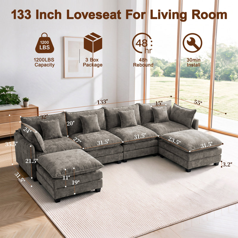 Canapé moderne deux places de 133 pouces, grand format, recouvert de chenille, 133"U, Grey