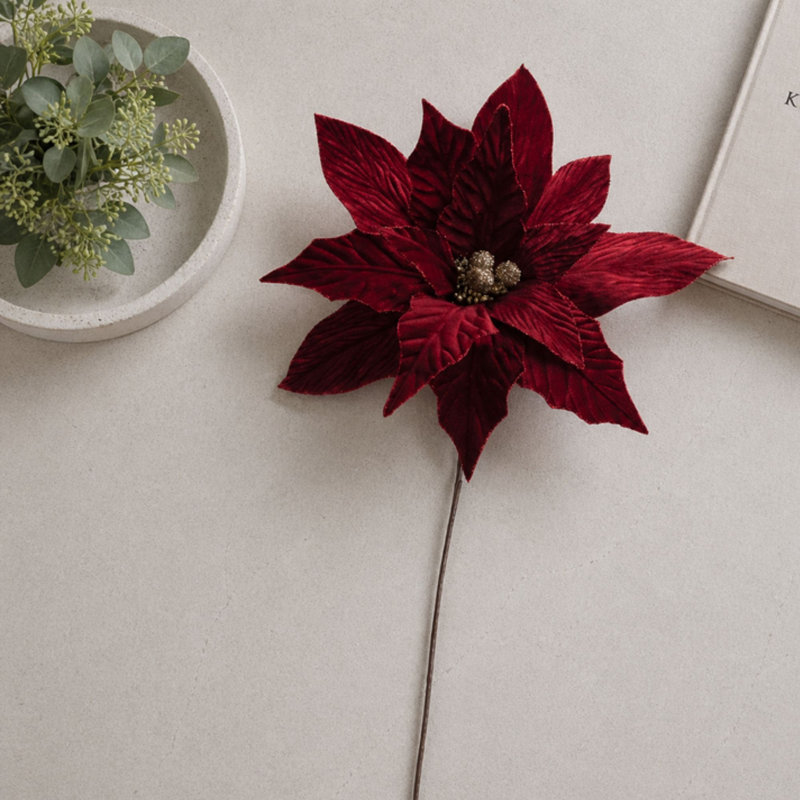 Tige de fleur de poinsettia scintillante, H 31 po x l 17 po x P 10,5 po, Rouge / doré
