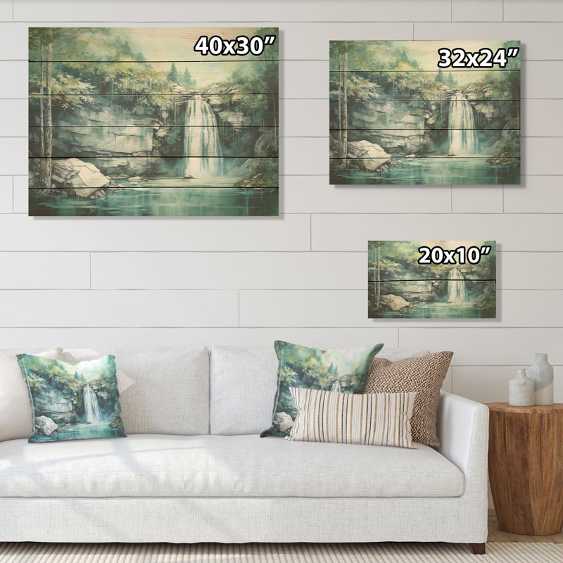 «Waterfall Cliff Scenery Magic», art mural en bois sur bois de pin naturel, H 24 po x l 32 po