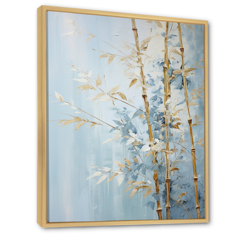 Or et bambou bleu sur toile, H 32 po x l 16 po x P 1 po, Cadre naturel flottant