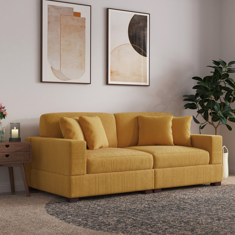 2 - Piece Upholstered Orange Corduroy Modular Sectional Sofa with Pillow Back and Solid Wood Legs, Orange