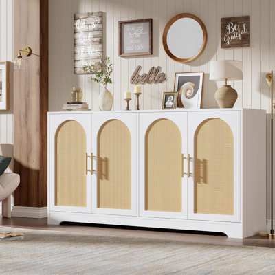 59” Sideboard Buffet Cabinet - Large Credenza Storage with 4 Rattan Doors, Modern Console Table Accent Coffee Bar Cabinet for Living Room, Kitchen, Hallway, Dining Room, Entryway