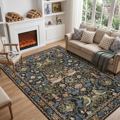 Vintage Floral & Bird Washable Area Rug 160×230 - Black Traditional Forest Distressed Antique Rugs for Living Room, Bedroom, Dining Room