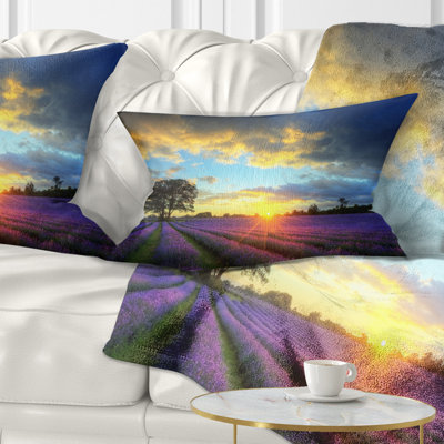Flower Stunning Sunset over Lavender Fields Lumbar Pillow