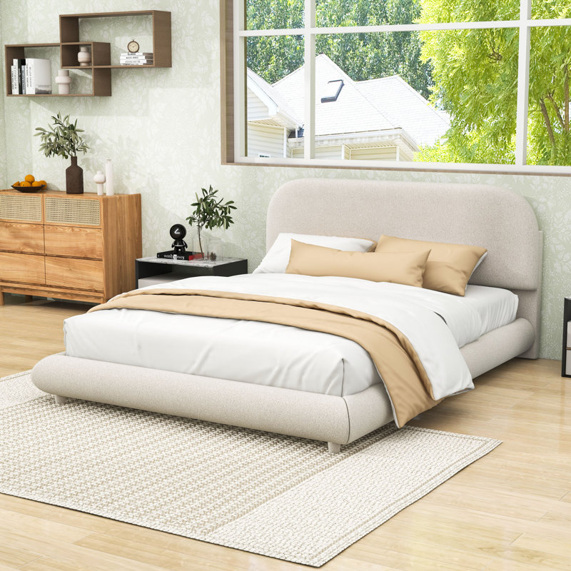 Lit plateforme tapissier avec tête de lit Cozy Chic, Beige, Grand lit