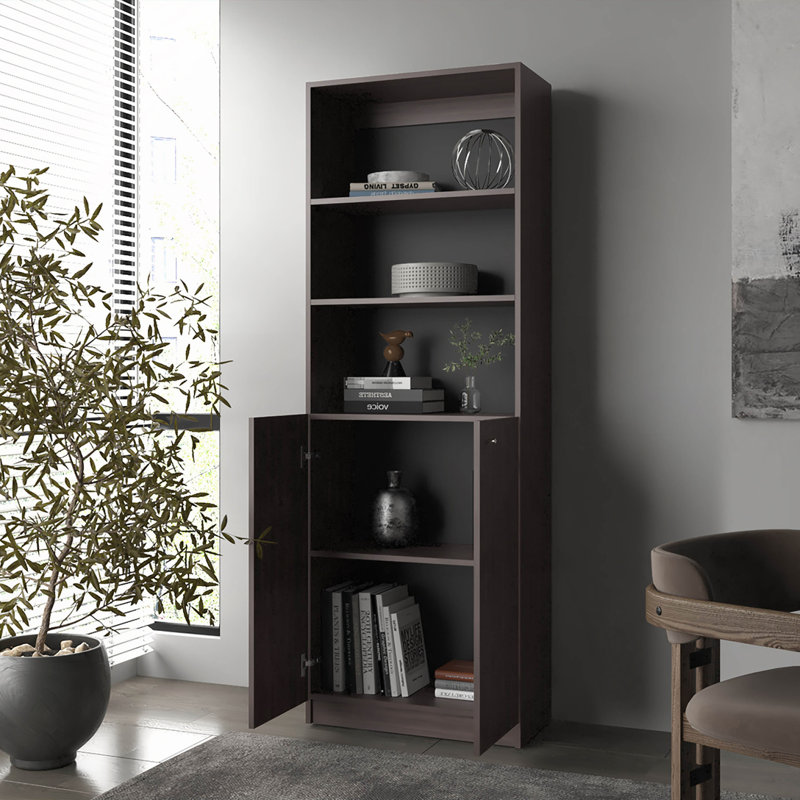 5-Shelf Bookcase with Open Storage and 2 Doors, Walnut/Black