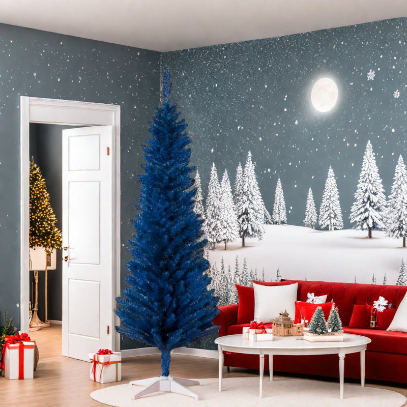 Arbre de Noël bleu à crayon mince, plastique durable, décoration intérieure moderne