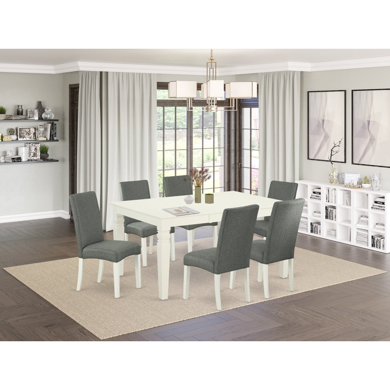 Ensemble de salle à manger 7 pièces composé d'une table de salle à manger rectangulaire avec feuille papillon et 6 chaises Parson rembourrées en tissu gris, lin blanc