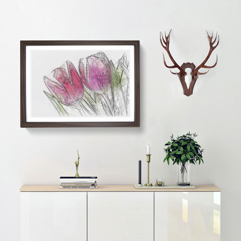 Pair of Pink Tulip Flowers in Abstract - Picture Frame Drawing Print, 62cm H x 87cm W x 2cm D, Walnut Framed