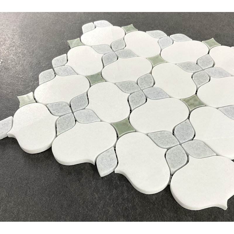 Water Jet 6" x 6" Marble Novelty Mosaic Wall & Floor Tile, Thassos White/Blue Celeste/Ming Green