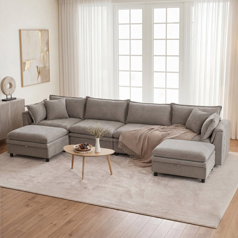 146'' Upholstered U-Shape Sectional Cloud Couch With Storage Ottoman, Gray Chenille