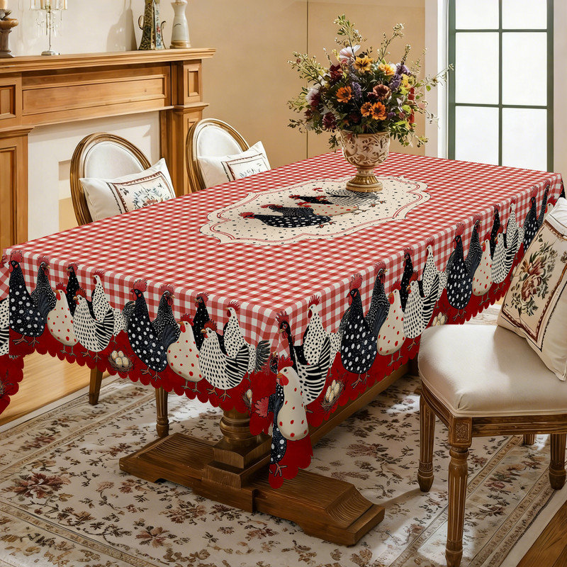 checkered polyester tablecloth with rooster design, machine washable, 70.8" L x 55.12" W