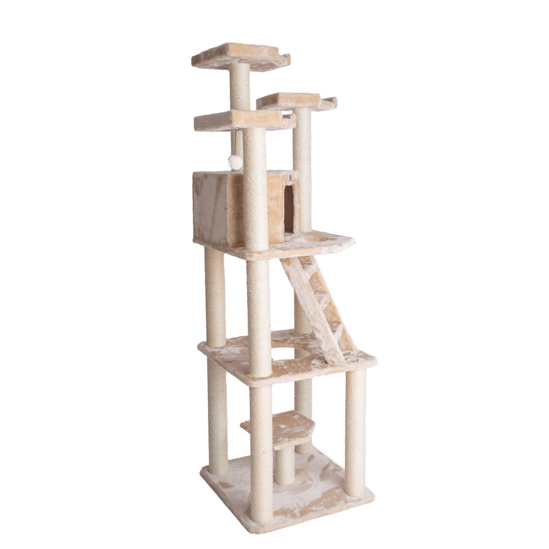 Beige Faux Fur and Sisal Multi-Level Cat Tree Tower