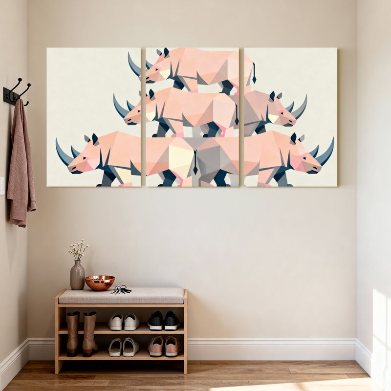 Ensemble de 3 tableaux muraux géométriques en poly-art représentant des rhinocéros, H 18 po x l 36 po
