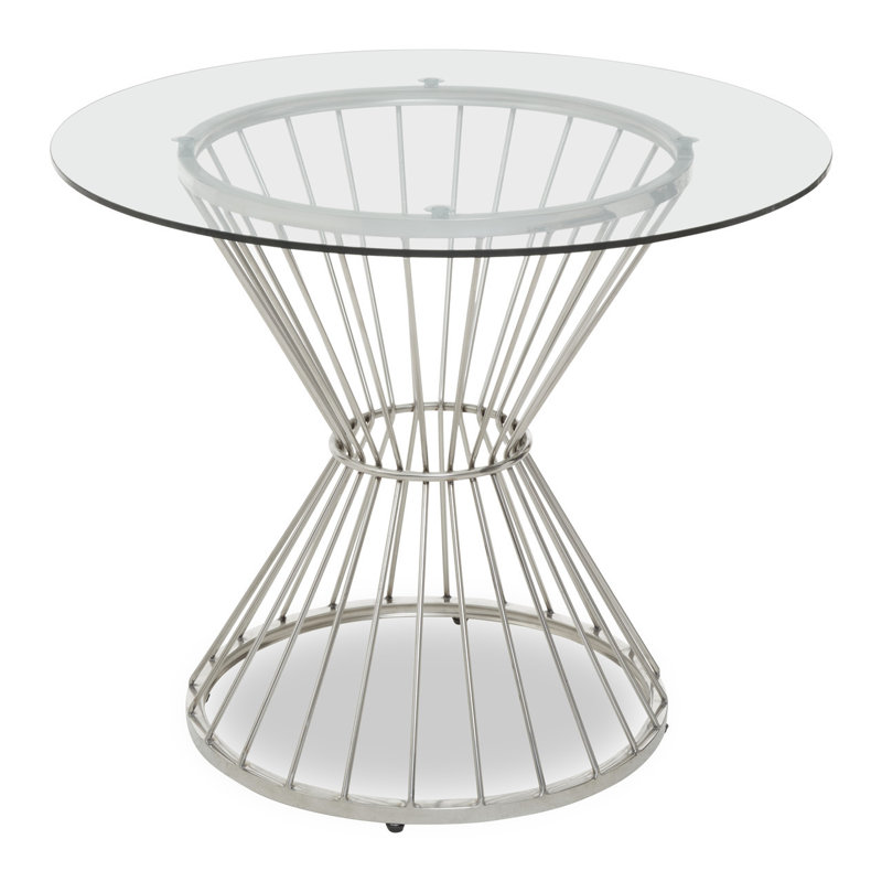 Kimber Round Glass Top Dining Table with Stainless Steel Base, Clear, Silver