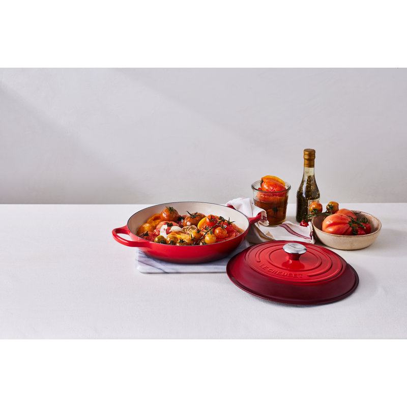 Cerise Red Enameled Cast Iron Round Braiser with Lid