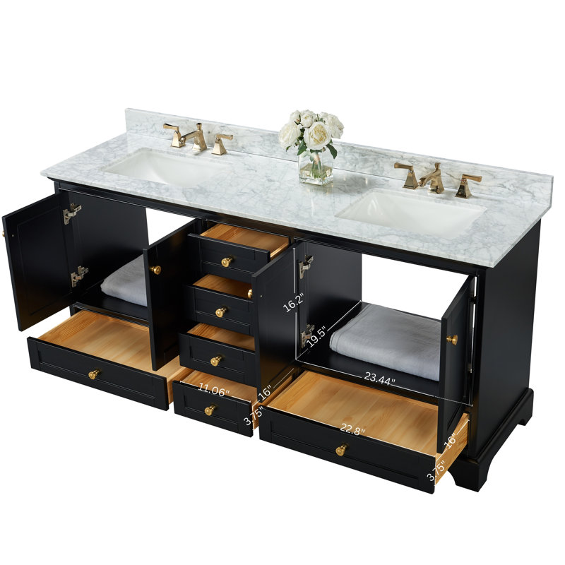 Audrey 66'' W Double Vanity, Carrara White, Black Onyx | Brushed Gold