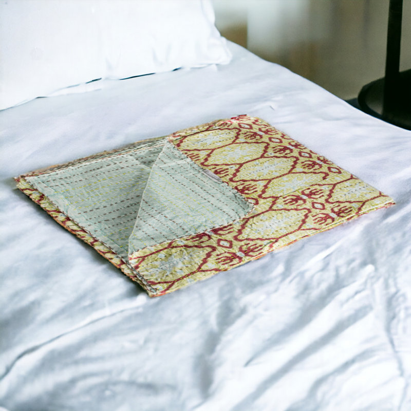 Handmade Sky Blue and Burgundy Cotton Kantha Throw Blanket