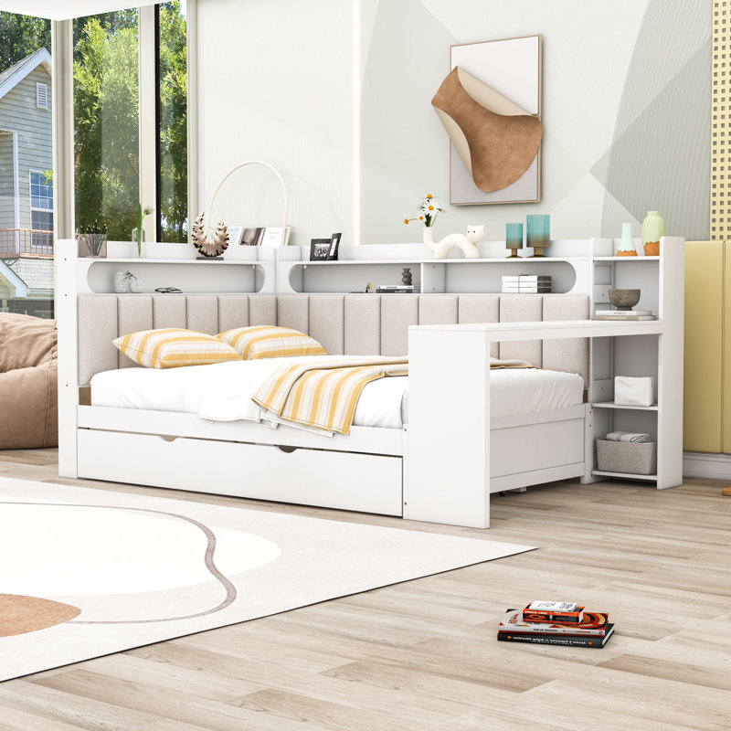 Full-Size Daybed with Built-in Storage, Desk, LED Lighting, and Charging Station, White