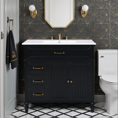 36"W Free-Standing Single Bathroom Vanity Set With Ceramic Sink, Solid Wood Frame, 2 Functional Drawers & Cabinet