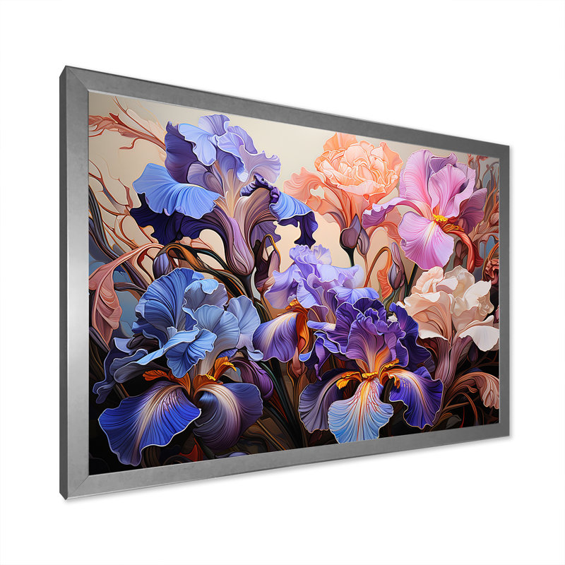 Mauve et rose, féroces iris, expression sauvage de fleurs sur toile, Cadre simple argenté, H 30 po x l 40 po x P 1,5 po