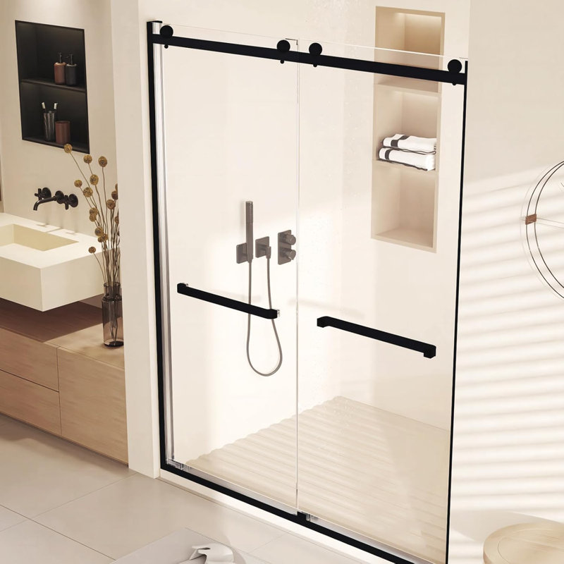 Semi-Frameless Sliding Shower Door, 2/5'' Double Sliding Tempered Glass Shower Door with Stainless Steel Handles for Walk-in Shower Bathroom- 60" W x 72" H, Black