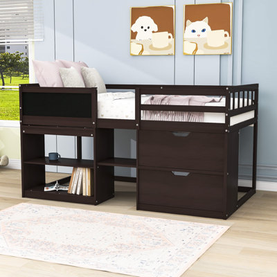 Hassain Kids Twin Wood 2 Drawers Low Loft Bed with Rolling Desk and Shelves -  Harriet Bee, 6D8886A42247434881D5E8CDDB057282