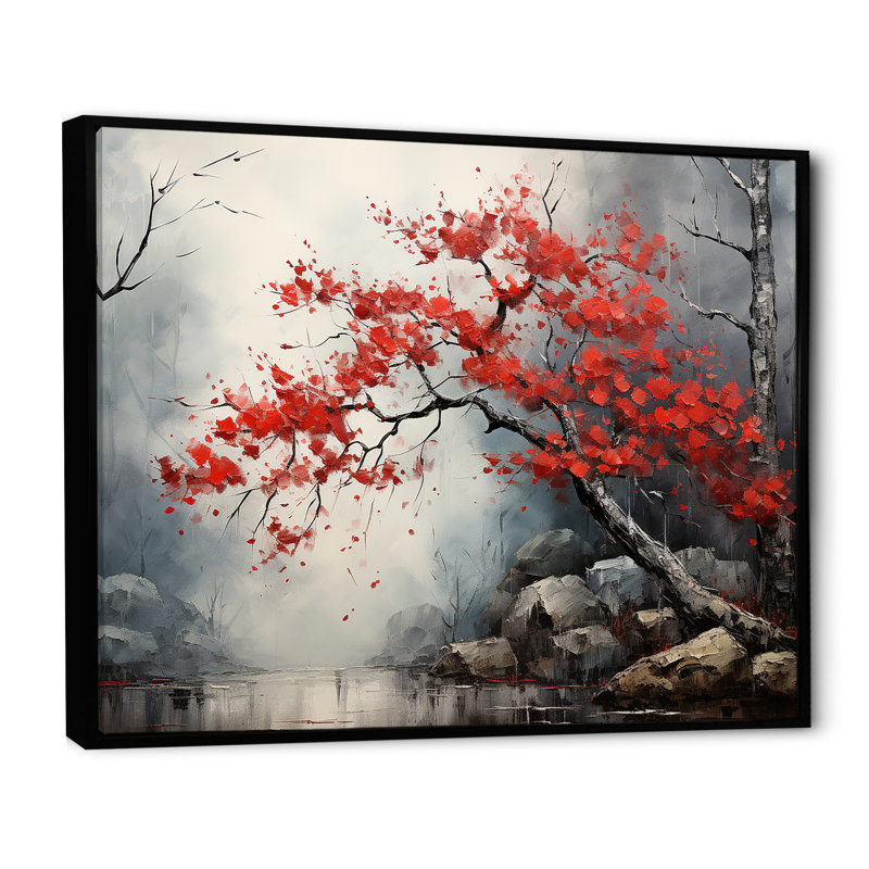 Fiery Red Maple Tree II - Art mural érable, H 24 po x l 32 po x P 1 po, Cadre flottant noir