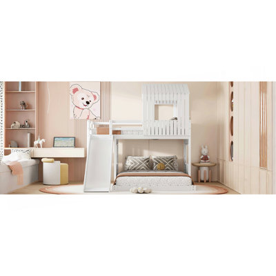Wooden Twin Over Full Bunk Bed, Loft Bed With Playhouse, Farmhouse, Ladder, Slide And Guardrails, White