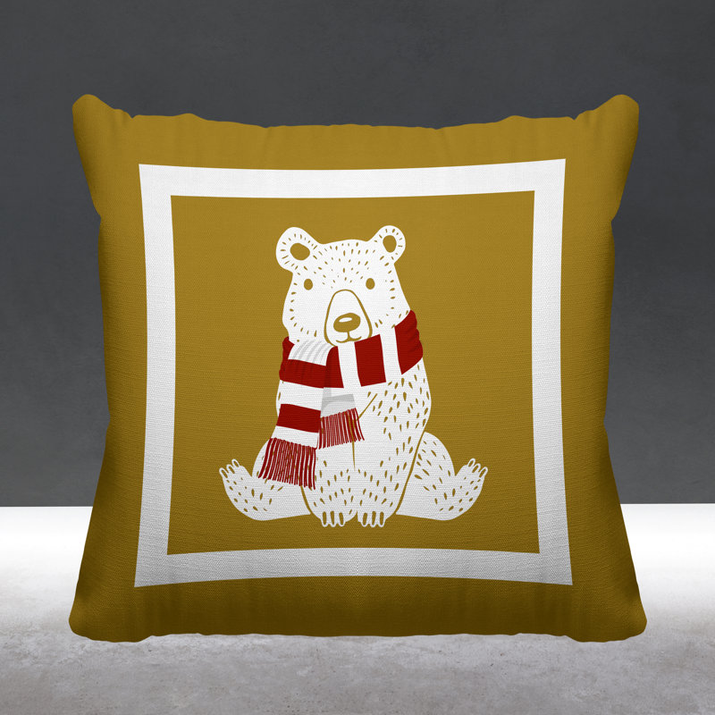 Coussin intérieur / extérieur Folk Christmas Bear, L 15 po x H 15 po, Or