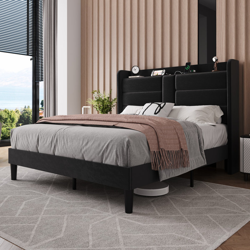 Velvet Upholstered Wingback Storage Bed With Built-In Type-C & AC Charging Station, Full, Black