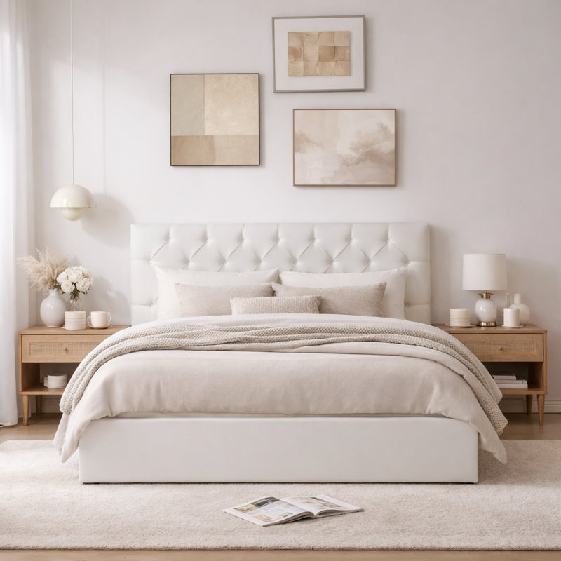 Lit plateforme tapissier avec rangement Arcadia, Double, Blanc
