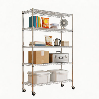 5 Tier Wire Shelf Rack, 1750 Lbs Capacity, Adjustable Height And Mobile For Garage Home Office - Steel Build Shelving, Warehouse Stable Carbon Shelves