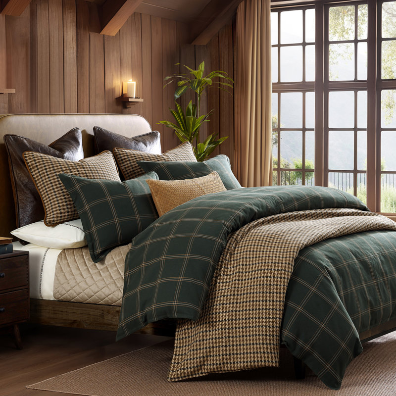 Ensemble d'édredon en coton rustique à carreaux Windowpane, Édredon pour grand lit + 2 taies décoratives sta, Vert / Orange