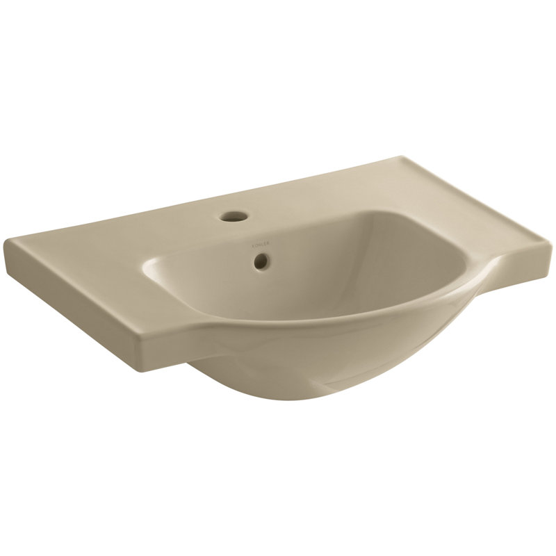 Veer Ceramic Pedestal Bathroom Sink with Overflow, Mexican Sand, 7.99" H x 24" L x 18.25" W, Single