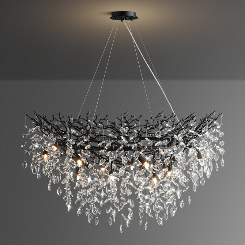 Lustre en cristal 14 lumières Modern, Noir mat, H 19,68 po x l 47,24 po x P 47,24 po