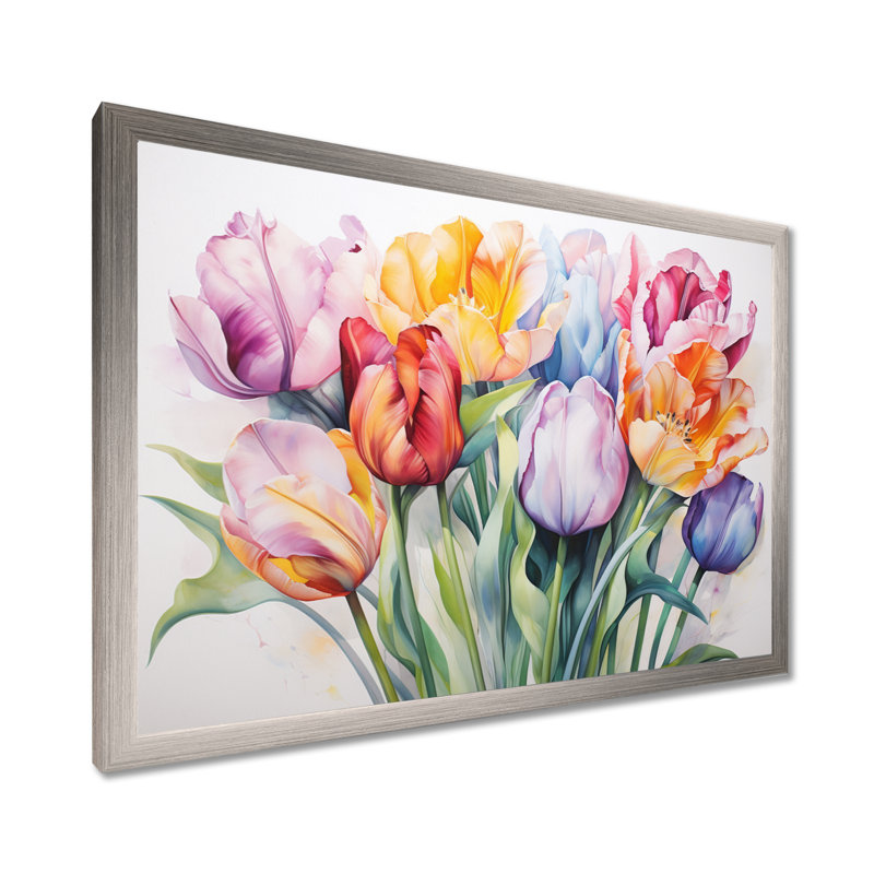 Collage de tulipes multicolores peintes - tulipes, Cadre simple argenté, H 24 po x l 32 po x P 1 po