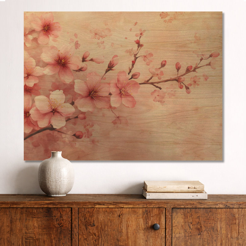 Soft Sakura Bloom II - Art mural floral en bois, H 30 po x l 40 po, Rectangulaire
