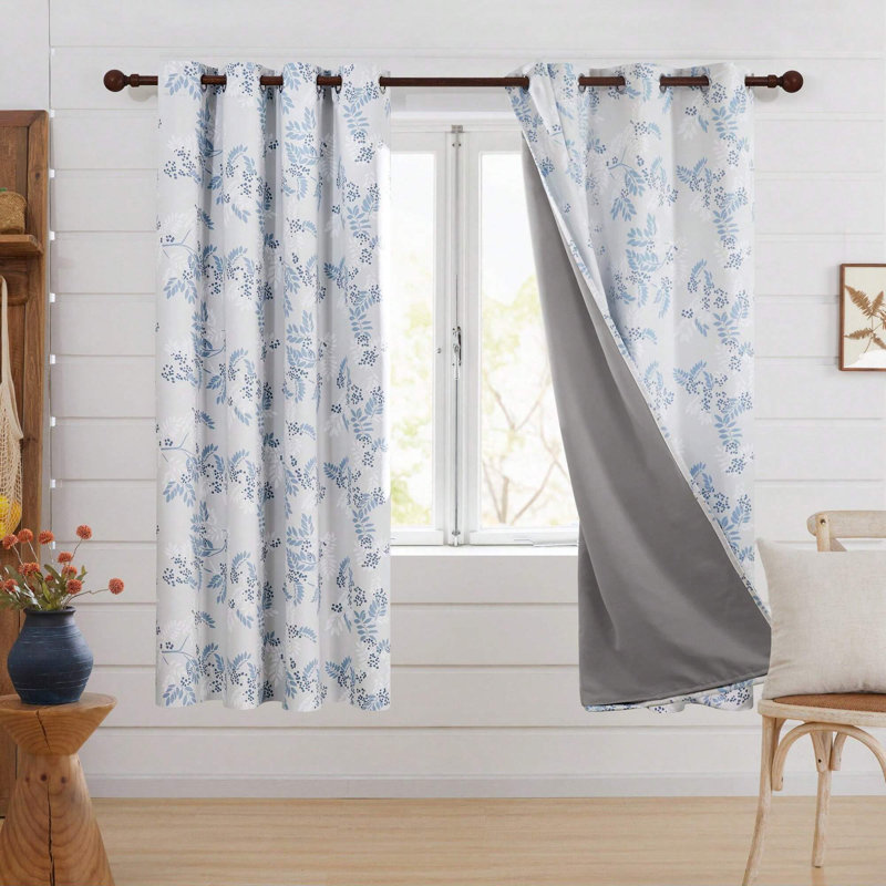 100% Blackout Noise Reducing Bouguet Pattern Printed Linen Grommets Top Curtain Panels (Set of 2), 42" W x 63" L