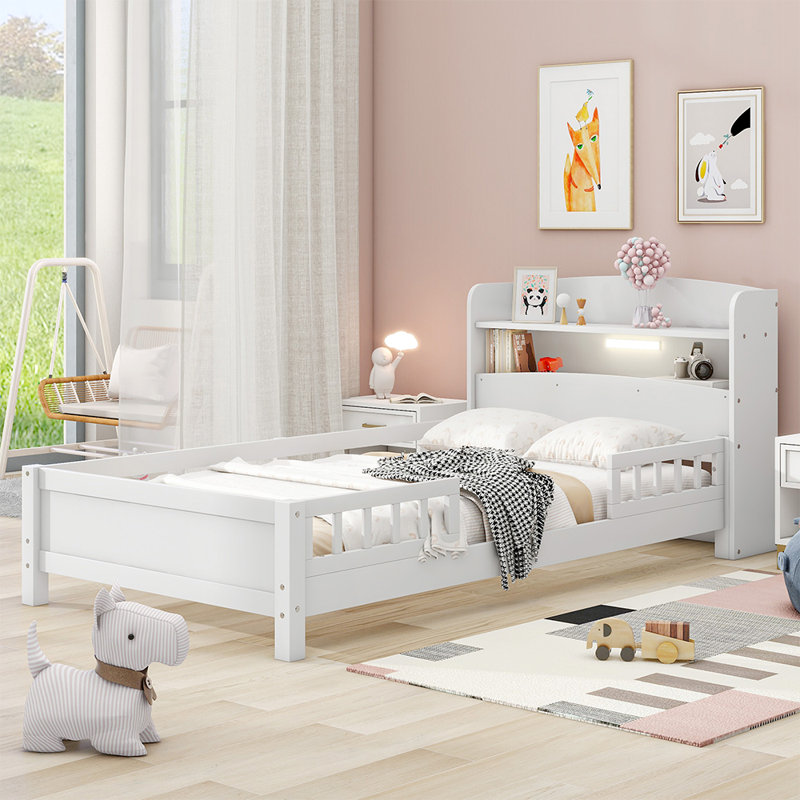 Solid Wood Platform Bed With LED Light And Headboard, White