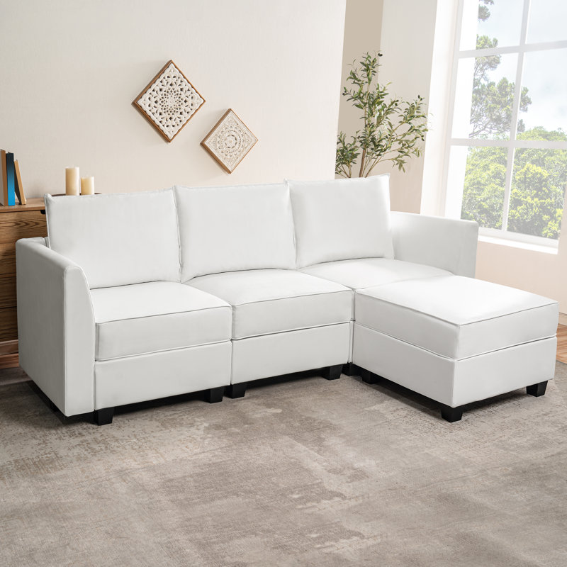 Canapé modulaire convertible en L Rudis, Cuir vif blanc éclatant