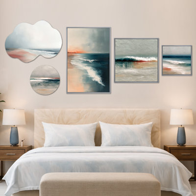 Summer Beach Waves Shoreline à l'Île-du-Prince-Édouard - Ensemble de 5 décorations murales bord de mer en métal et toile blanche (100 po x 40 po)