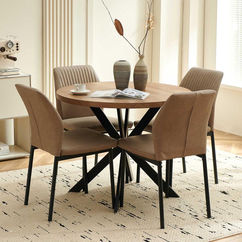 5-Piece Round Dining Table Set, 37 Inch Kitchen Table And 4 PU Leather Chairs, Beige