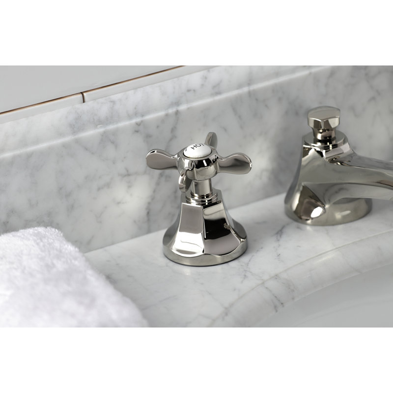 Kingston Brass Essex Two-Handle 3-Hole Deck Mount Widespread Bathroom Faucet with Brass Pop-Up Drain, Polished Nickel