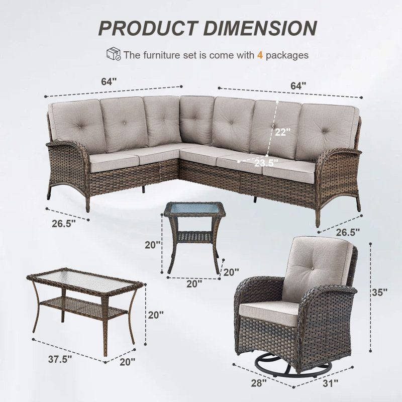 Valierius L-Shaped Outdoor Sectional Sofa Set With Swivel Glider Chairs, PE Wicker, Water-Resistant Cushions, Beige