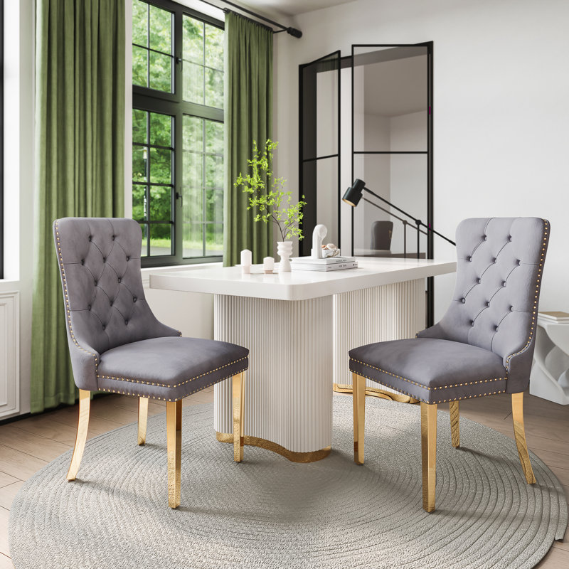 Tufted Velvet Upholstered Wingback  Dining Chair, Gray, Gold